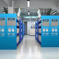 Smart Storage Cabinets In Indoor Warehouse With Blue Shelves And Digital Screens