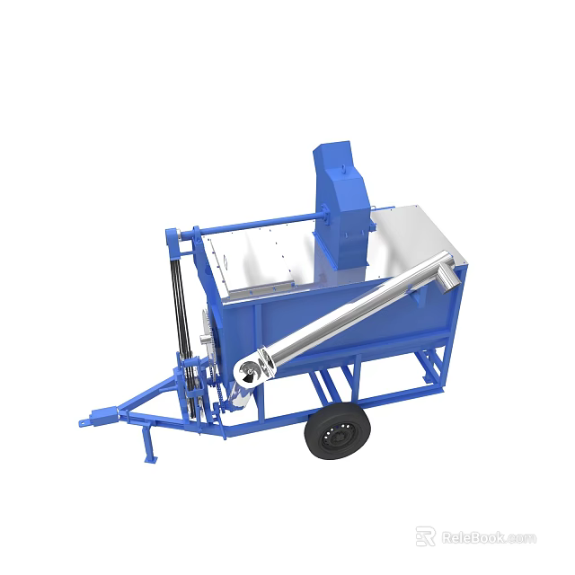 Blue Trailer Mounted Equipment With Silver Auger Conveyor And Wheels 3d model 