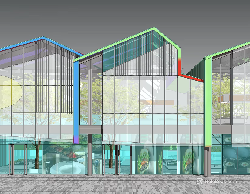 Modern Commercial Complex With Glass Facade Colorful Rooftops Trees And Open Plaza 3d model 