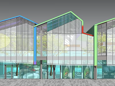 Modern Commercial Complex With Glass Facade Colorful Rooftops Trees And Open Plaza 3d model