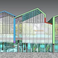 Modern Commercial Complex With Glass Facade Colorful Rooftops Trees And Open Plaza