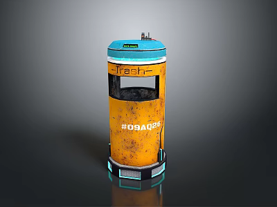 Yellow Blue Trash Can Vintage Design With Garbage Label And Base Light 3d model