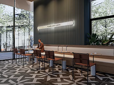 Modern Café Interior Design With Dark Vertical Striped Wall Large Windows And Geometric Floor 3d model