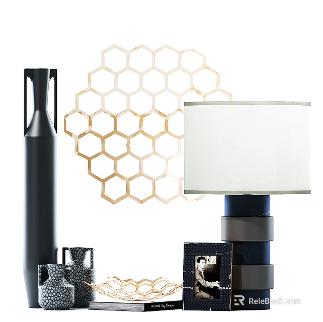 Modern Table Lamp With White Lampshade Blue Base And Hexagonal Pattern For Home Decor 3d model 