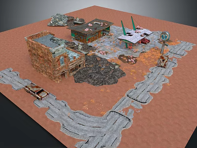 Deserted Town Scenery With Ruined Buildings Cracked Roads Dry Ground And Old Cars 3d model
