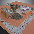 Deserted Town Scenery With Ruined Buildings Cracked Roads Dry Ground And Old Cars
