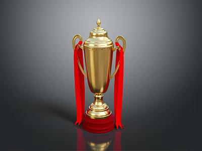 Golden Trophy With Red Ribbons And Red Base On Reflective Surface 3d model