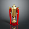 Golden Trophy With Red Ribbons And Red Base On Reflective Surface 3d model