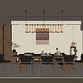 Elegant Modern Restaurant Interior With Dining Table Chairs Pendant Lights And Fireplace