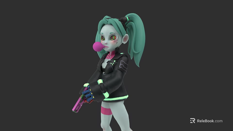Game and Movie Character With Teal Pigtails Blowing Pink Bubble Gum Holding Pink Gun 3d model 
