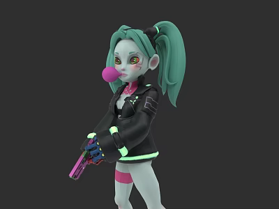 Game and Movie Character With Teal Pigtails Blowing Pink Bubble Gum Holding Pink Gun 3d model