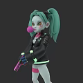 Game and Movie Character With Teal Pigtails Blowing Pink Bubble Gum Holding Pink Gun