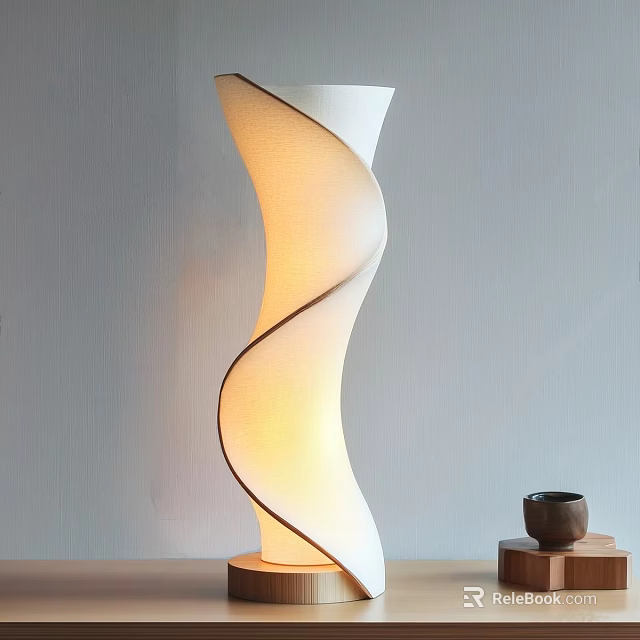 Swirl Shaped White Table Lamp With Wooden Base And Small Cup On Wooden Tray 3d model 