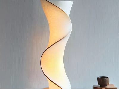 Swirl Shaped White Table Lamp With Wooden Base And Small Cup On Wooden Tray 3d model