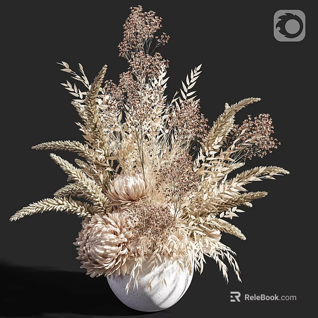 Natural Dried Floral Ornament Set With Wheat Grass And White Vase For Home Decor 3d model 