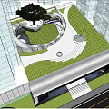 Modern Garden Landscape Design With Green Lawn Tall Trees Curved Structure And Seating Areas