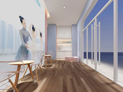 Modern Fitness Studio Rest Area With Wooden Flooring Tables And Mural Art 3d model