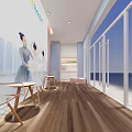 Modern Fitness Studio Rest Area With Wooden Flooring Tables And Mural Art