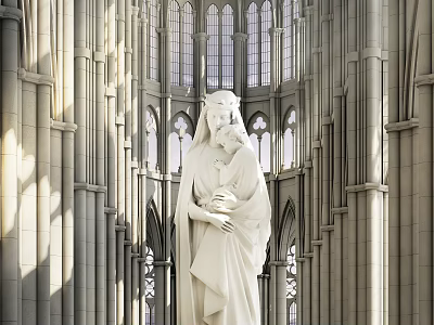 Religious Faith Portrayed in Virgin Mary and Child Statue in Gothic Church with Stained Glass 3d model
