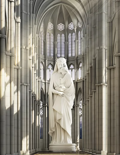 Religious Faith Portrayed in Virgin Mary and Child Statue in Gothic Church with Stained Glass 3d model