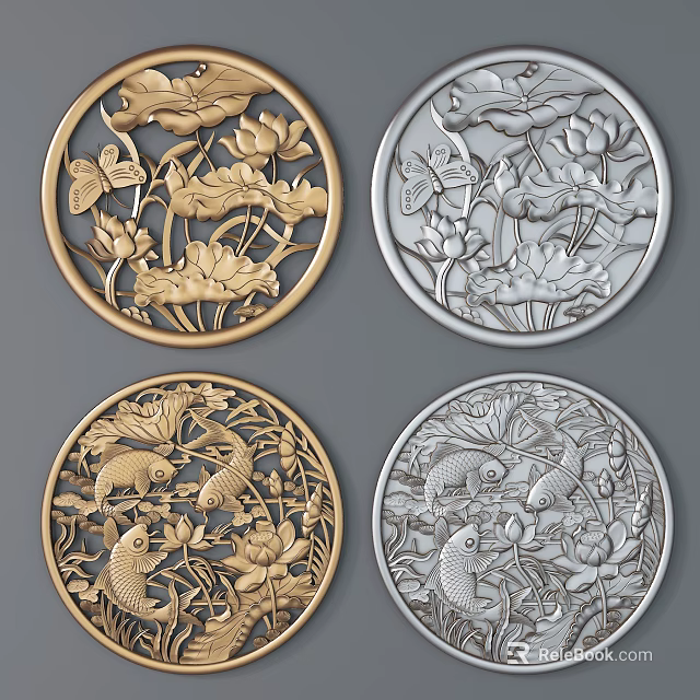 Circular Carving Decorative Patterns With Gold And Silver Lotus Butterfly Fish Elements 3d model