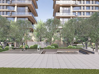 Modern High Rise Residential Landscape With Lush Trees Lawn Paved Plaza And Seating Areas 3d model