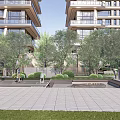 Modern High Rise Residential Landscape With Lush Trees Lawn Paved Plaza And Seating Areas