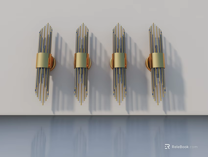 Four Gold And Silver Hinged Door Handles On White Background Wall With Reflection 3d model 