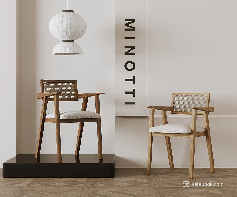 Minotti Leisure Chairs With Wooden Frame Woven Backrest And Light Colored Cushions 3d model 