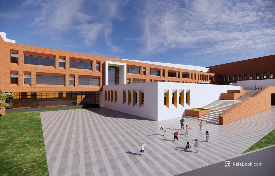 School Building with Red Brick Exterior White Facade Large Windows Open Plaza Steps and People 3d model 