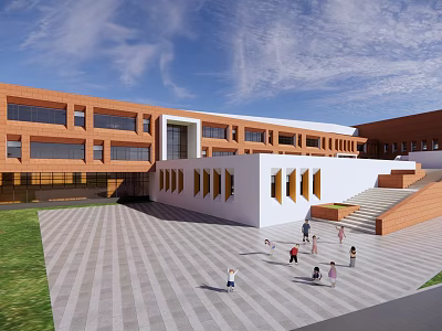 School Building with Red Brick Exterior White Facade Large Windows Open Plaza Steps and People 3d model