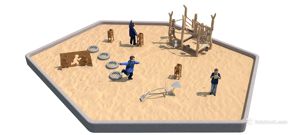 Kindergarten Sandpit Area With Children Playing And Wooden Climbing Structure Toys 3d model 