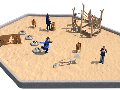 Kindergarten Sandpit Area With Children Playing And Wooden Climbing Structure Toys 3d model