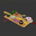 Assorted Cheese Platter with Grapes Blue Bowls on Wooden Cutting Board and Red Handle Knives
