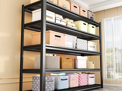 Black Metal Shelving Unit with Multiple Layers and Colorful Storage Bins for Home Storage Organization 3d model
