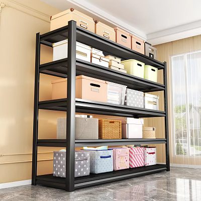 Black Metal Shelving Unit with Multiple Layers and Colorful Storage Bins for Home Storage Organization 3d model