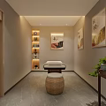 Traditional Chinese Medicine Wellness SPA Sauna Interior With Massage Bed Wooden Decor And Green Plants