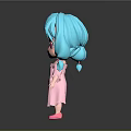 Cartoon Doll With Turquoise Pigtails Pink Dress And Big Eyes On Dark Background