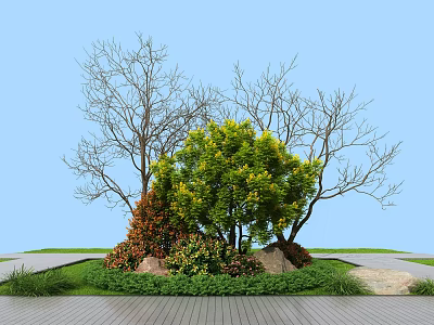 Lush Green Trees And Red Shrubs In Vibrant Garden With Stones Grass And Blue Sky 3d model