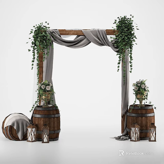 Wooden Archway Adorned With Green Vines Gray Drapery Wooden Barrels Flower Bouquets And Lanterns 3d model 
