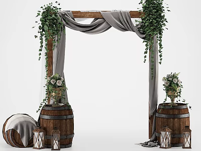 Wooden Archway Adorned With Green Vines Gray Drapery Wooden Barrels Flower Bouquets And Lanterns 3d model