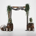 Wooden Archway Adorned With Green Vines Gray Drapery Wooden Barrels Flower Bouquets And Lanterns