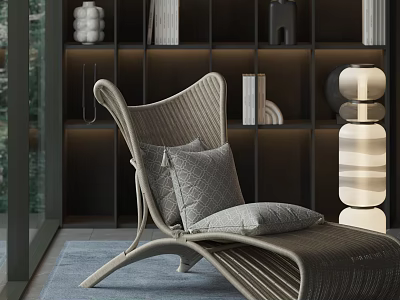 Modern Woven Leisure Chair With Light Gray Cushions And Decorative Shelves Interior Design 3d model