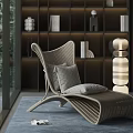 Modern Woven Leisure Chair With Light Gray Cushions And Decorative Shelves Interior Design
