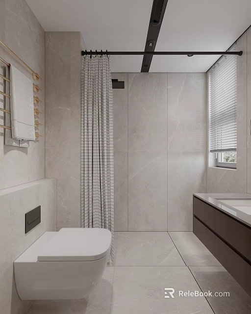 Modern Bathroom Interior with Beige Tiles Gray Checkered Shower Curtain Window Blinds and Dark Vanity 3d model 