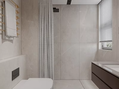 Modern Bathroom Interior with Beige Tiles Gray Checkered Shower Curtain Window Blinds and Dark Vanity 3d model