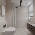 Modern Bathroom Interior with Beige Tiles Gray Checkered Shower Curtain Window Blinds and Dark Vanity