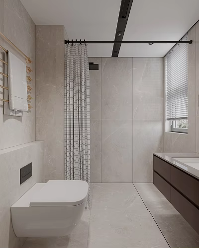 Modern Bathroom Interior with Beige Tiles Gray Checkered Shower Curtain Window Blinds and Dark Vanity 3d model