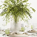 Modern Ceramic Tableware Set With Plates Bowls Glasses And Green Plant Decoration