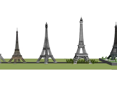 Multiple Eiffel Tower Replicas with Various Designs Displayed on Green Lawn 3d model
